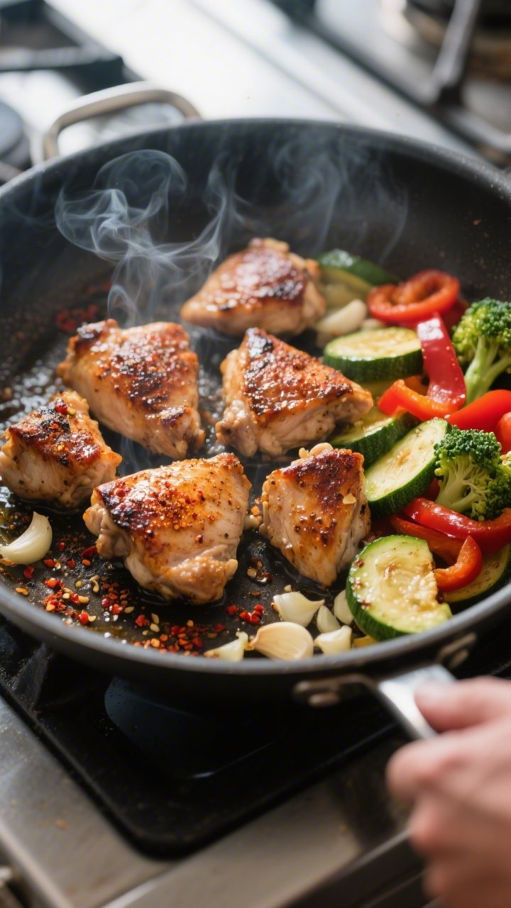 Cooking process, sizzling sear: Close-up of bite-size chicken thigh pieces in a large skillet, deepl