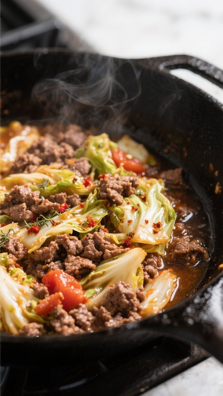 Cooking process, skillet action: Close-up of a large black cast-iron skillet on the stove with the L