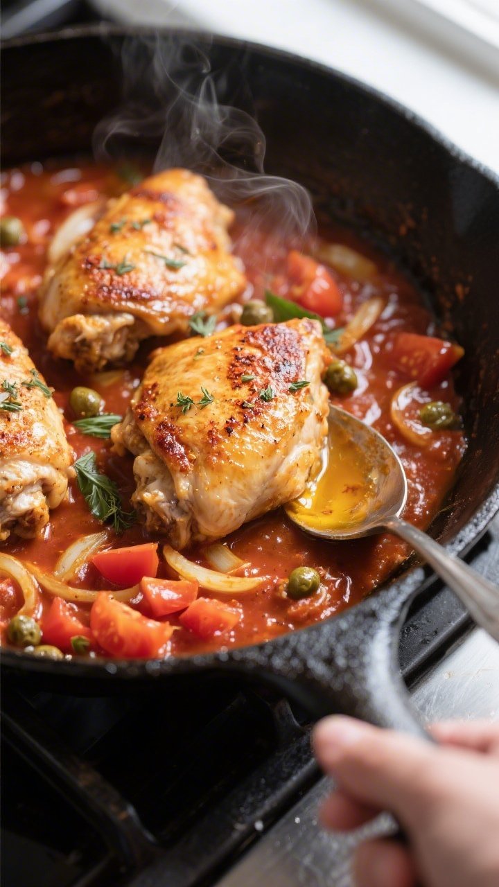 Cooking process, skillet action: Close-up of golden-seared boneless chicken thighs nestled back into