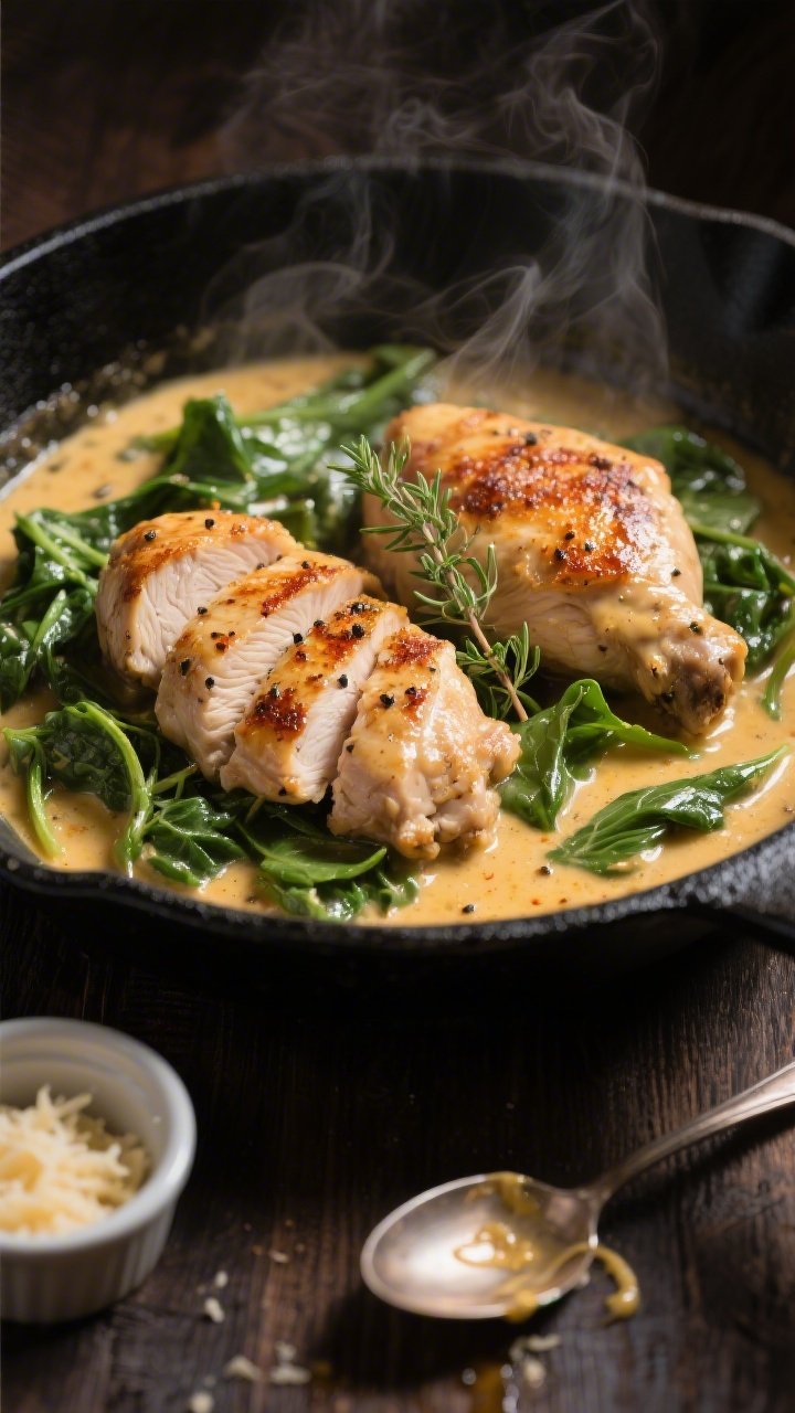 Cooking process, skillet close-up: Sliced seared chicken thighs simmering in a creamy Dijon-thyme pa