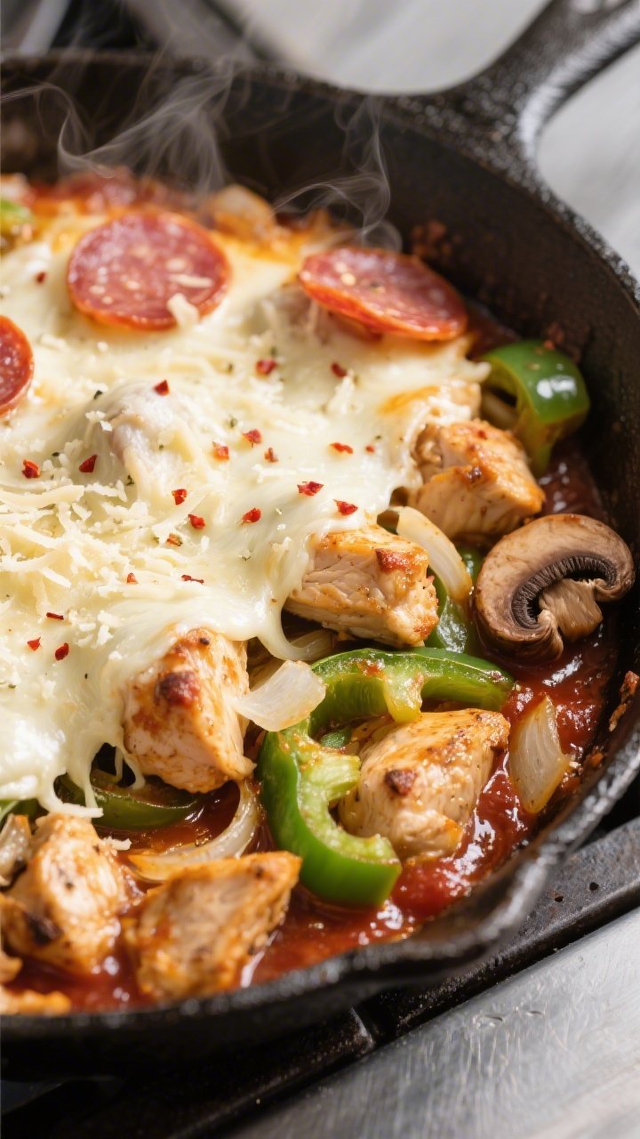 Cooking process, skillet melt: Overhead shot of a cast-iron skillet filled with cooked bite-size chi