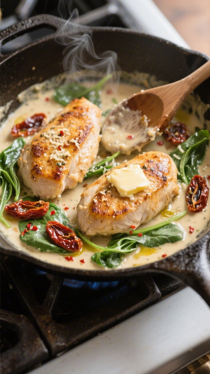 Cooking process, stovetop action: Golden-seared chicken breasts nestled in a cast-iron skillet as a 