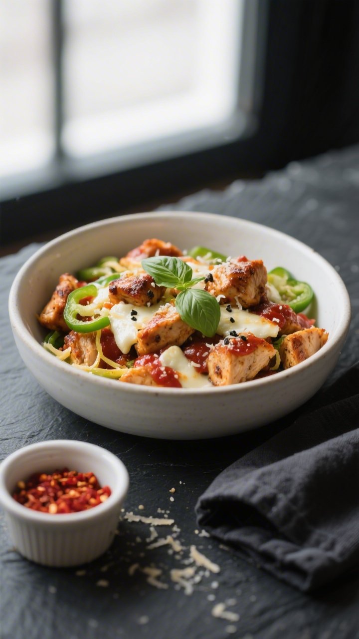 Final bowl, close-up comfort: Tight, shallow-depth-of-field close-up of the finished Keto Chicken Pi