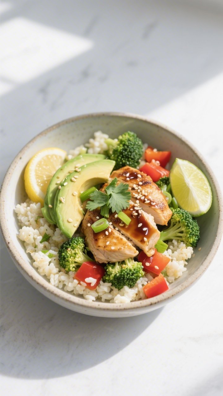 Final bowl overhead: Keto chicken and cauliflower rice bowl neatly arranged in a wide, shallow ceram