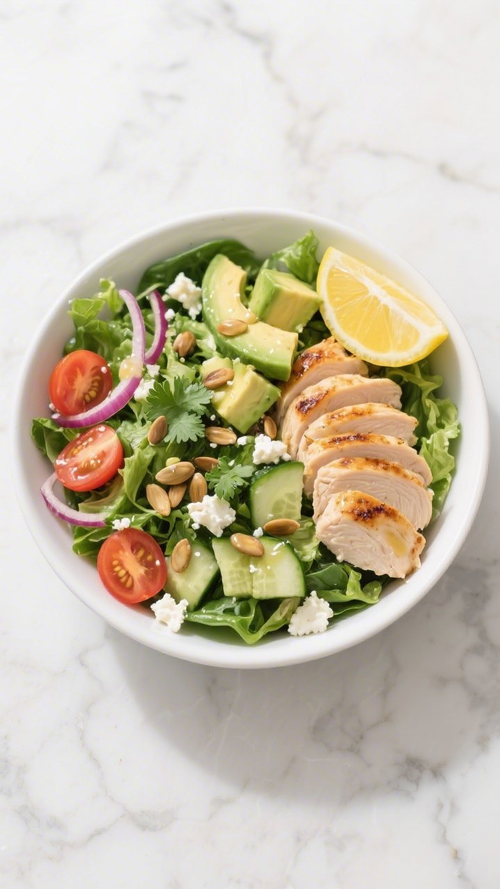 Final bowl — vibrant overhead salad: Overhead shot of a Keto Chicken and Avocado Salad Bowl beauti