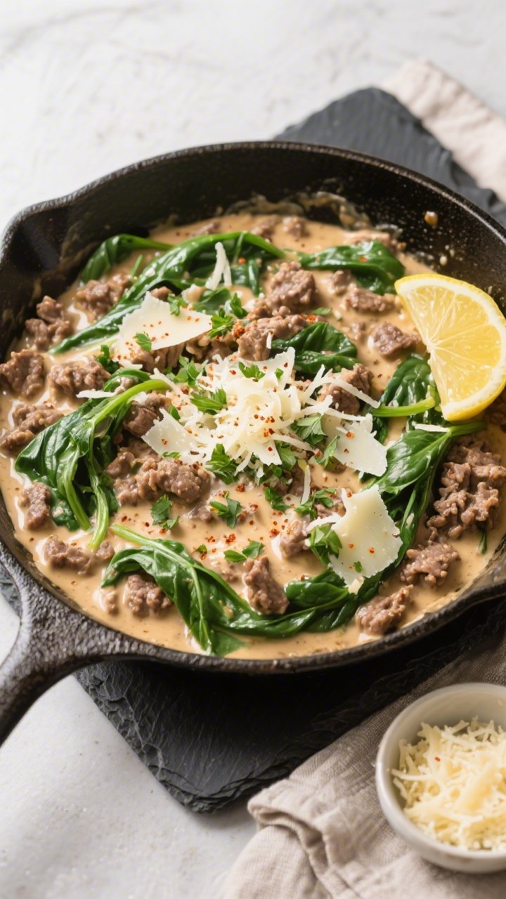 Final dish overhead: Creamy Keto Ground Beef and Spinach Skillet Dinner served family-style in the s