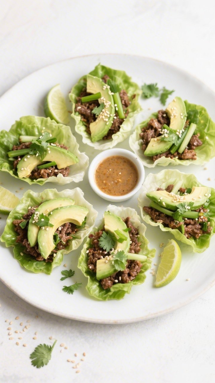 Final dish overhead: Easy Keto Ground Beef Lettuce Wraps arranged in a circular pattern on a matte w