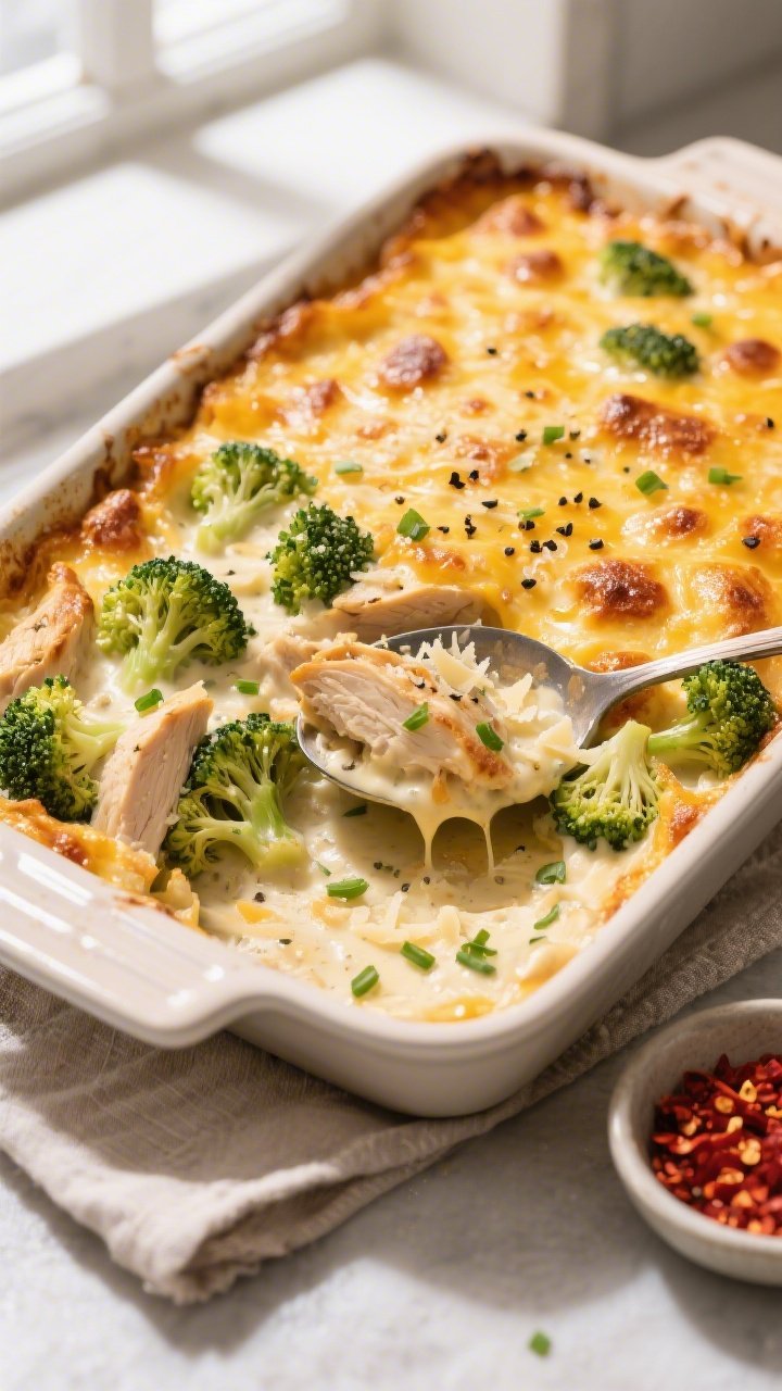Final dish overhead: Golden, bubbly Keto Chicken and Broccoli Casserole in a 9x13 ceramic baking dis