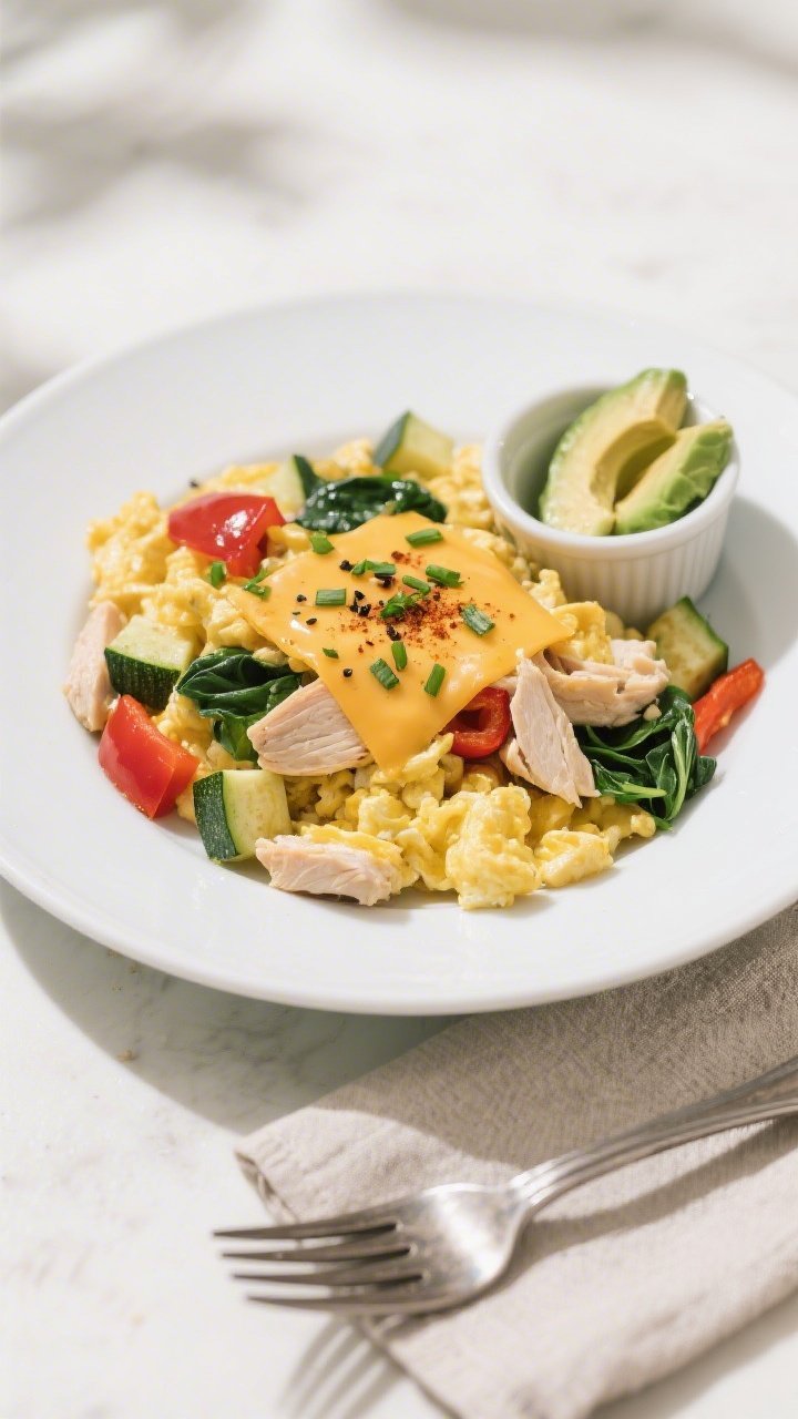 Final dish, overhead plated presentation: Top-down shot of the finished Keto Chicken and Egg Breakfa