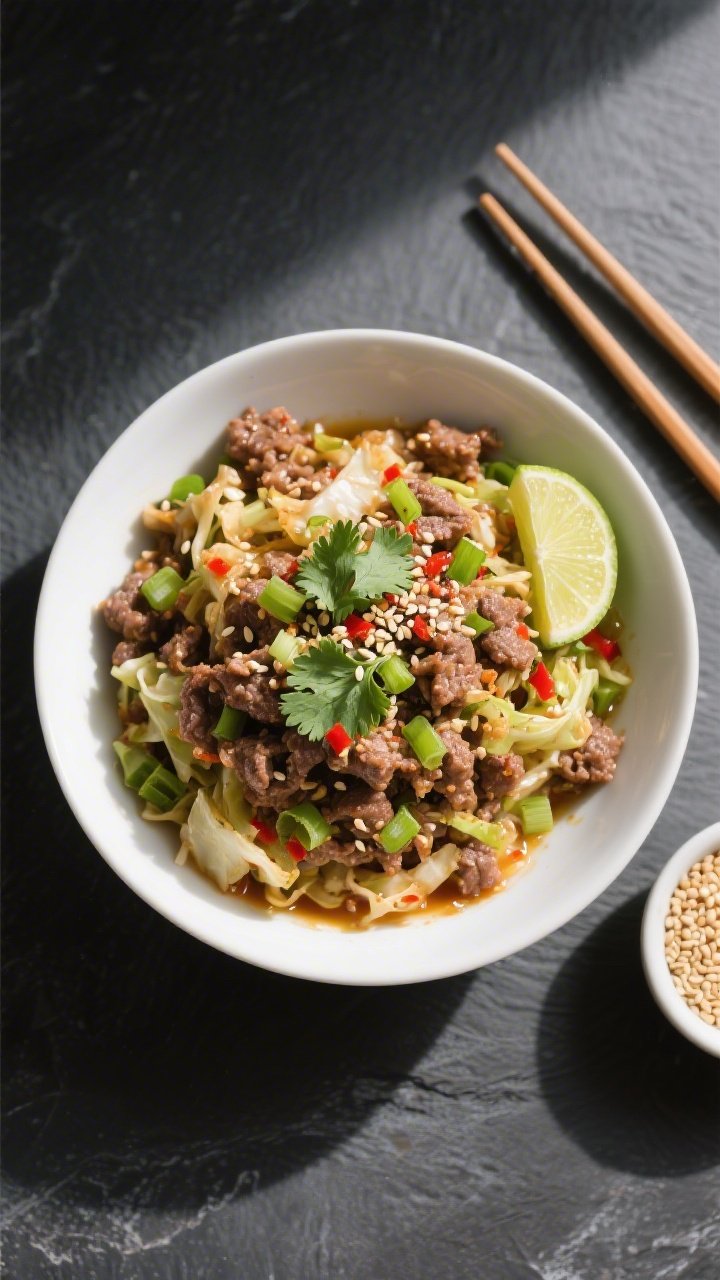 Final dish, overhead presentation: Overhead shot of Keto Ground Beef Egg Roll in a Bowl served in a 