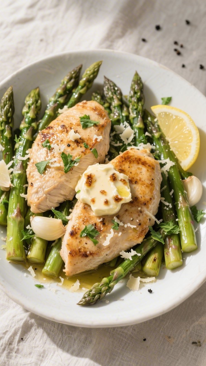 Final dish, overhead presentation: Tasty top-down shot of Keto Chicken and Garlic Butter Asparagus p