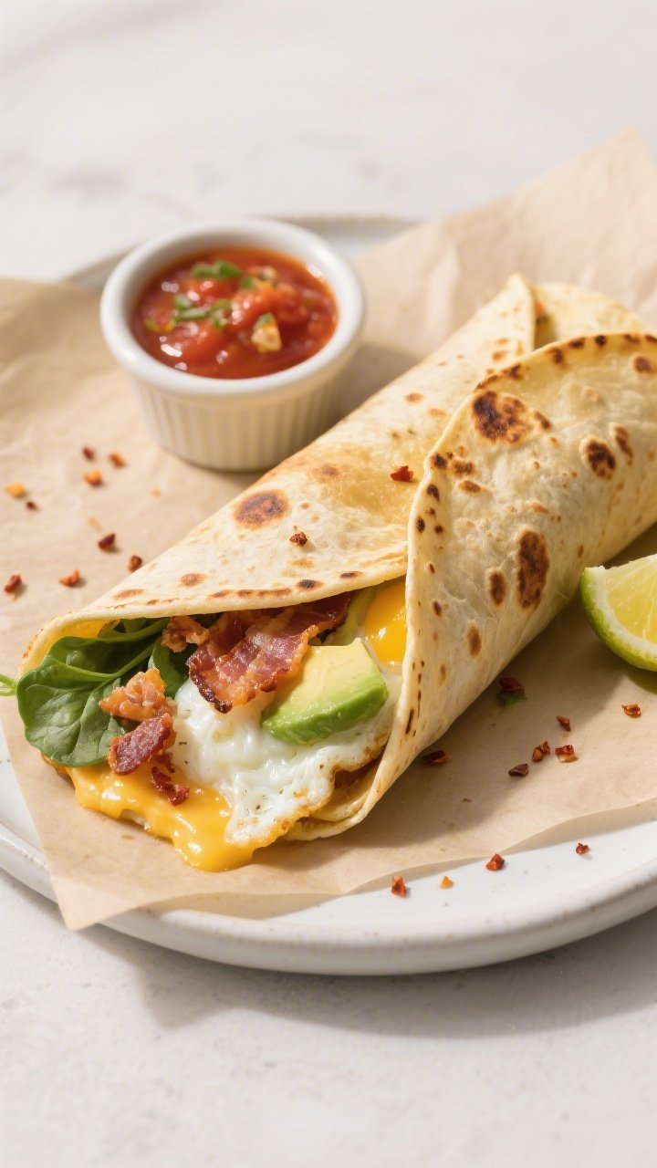 Final dish overhead: Tasty top view of a golden, seam-side-down crisped keto breakfast wrap, sliced 