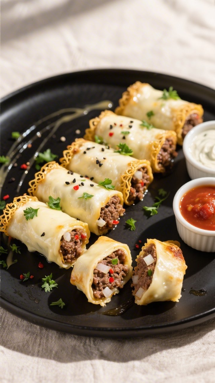 Final dish, tasty top view: Overhead shot of 6 Keto Ground Beef and Cheese Roll Ups arranged seam-si