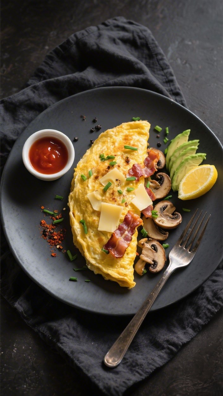 Final dish, tasty top view: Overhead shot of a plated keto low carb mug omelette slid out whole onto