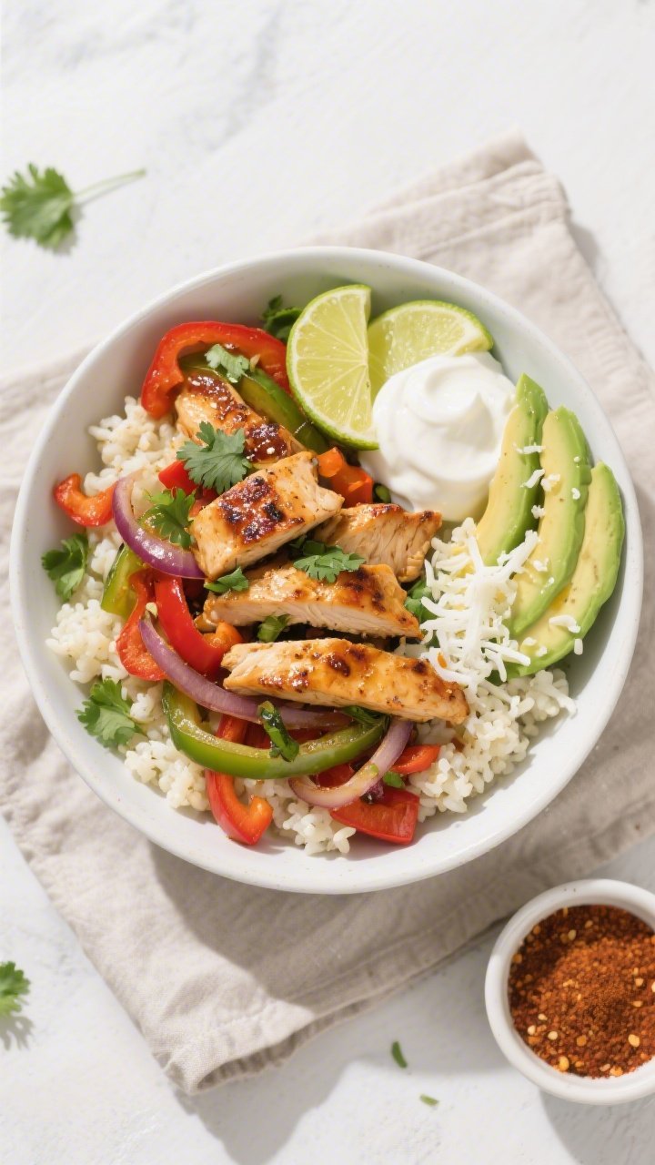 Final dish, tasty top view: Overhead shot of a vibrant keto chicken fajita bowl arranged over fluffy