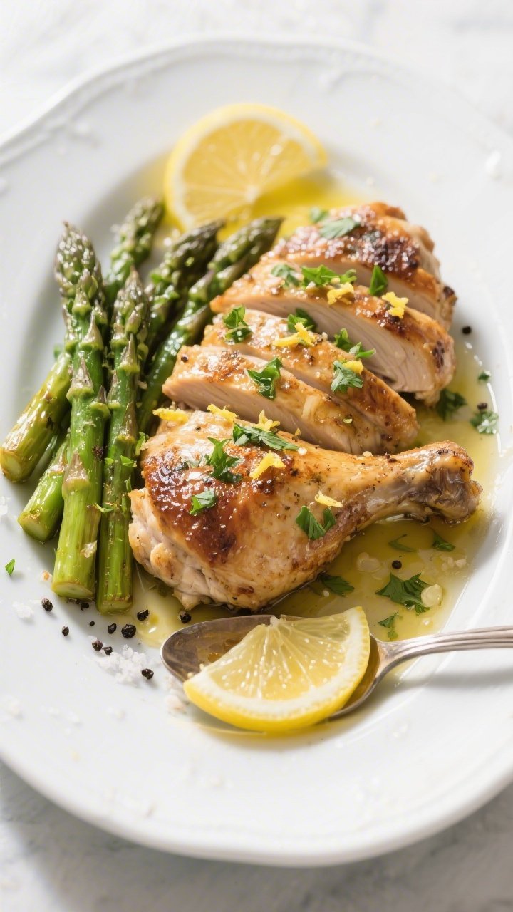 Final dish, tasty top view: Overhead shot of beautifully plated keto lemon herb chicken on a wide wh