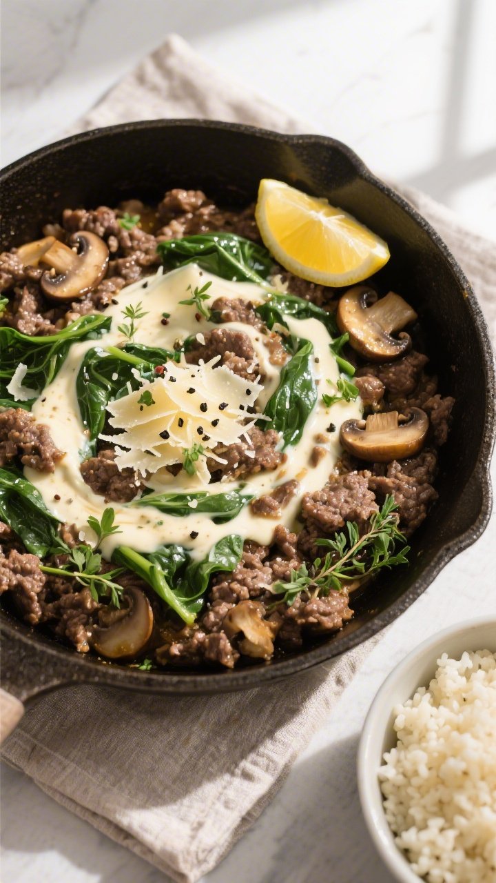 Final dish, tasty top view: Overhead shot of Garlic Butter Keto Ground Beef and Mushroom Skillet ser