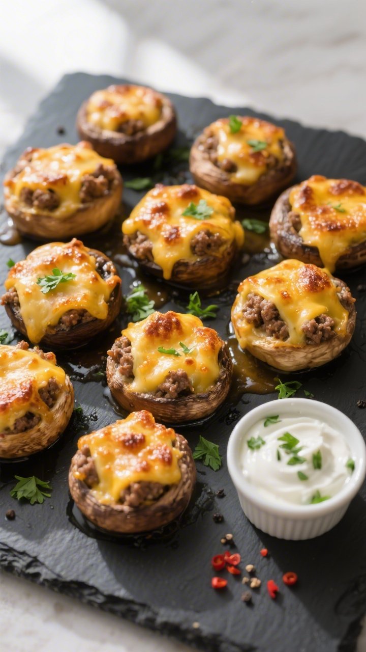 Final dish, tasty top view: Overhead shot of golden, bubbly keto ground beef and cheese stuffed mush