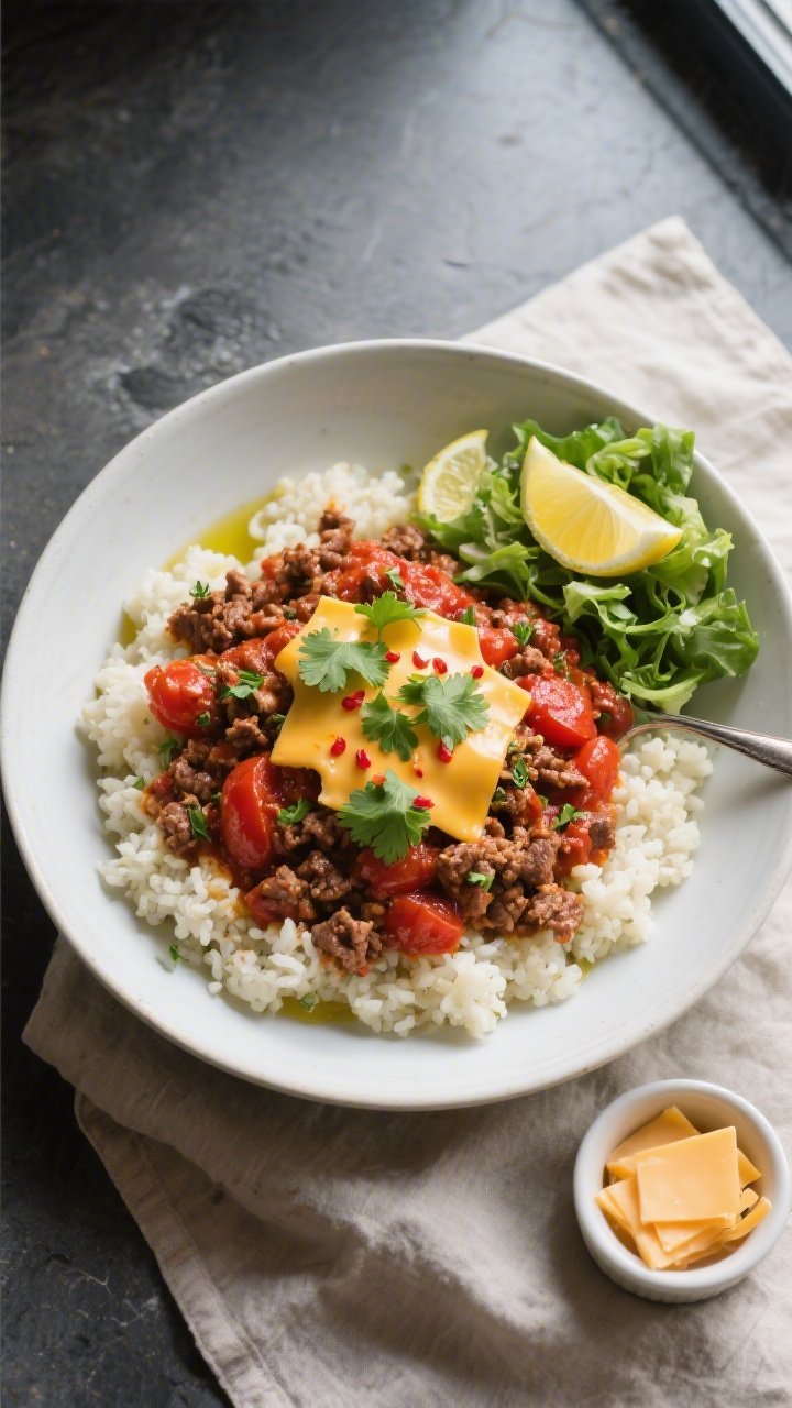 Final dish, tasty top view: Overhead shot of Keto Ground Beef and Tomato Skillet spooned over fluffy