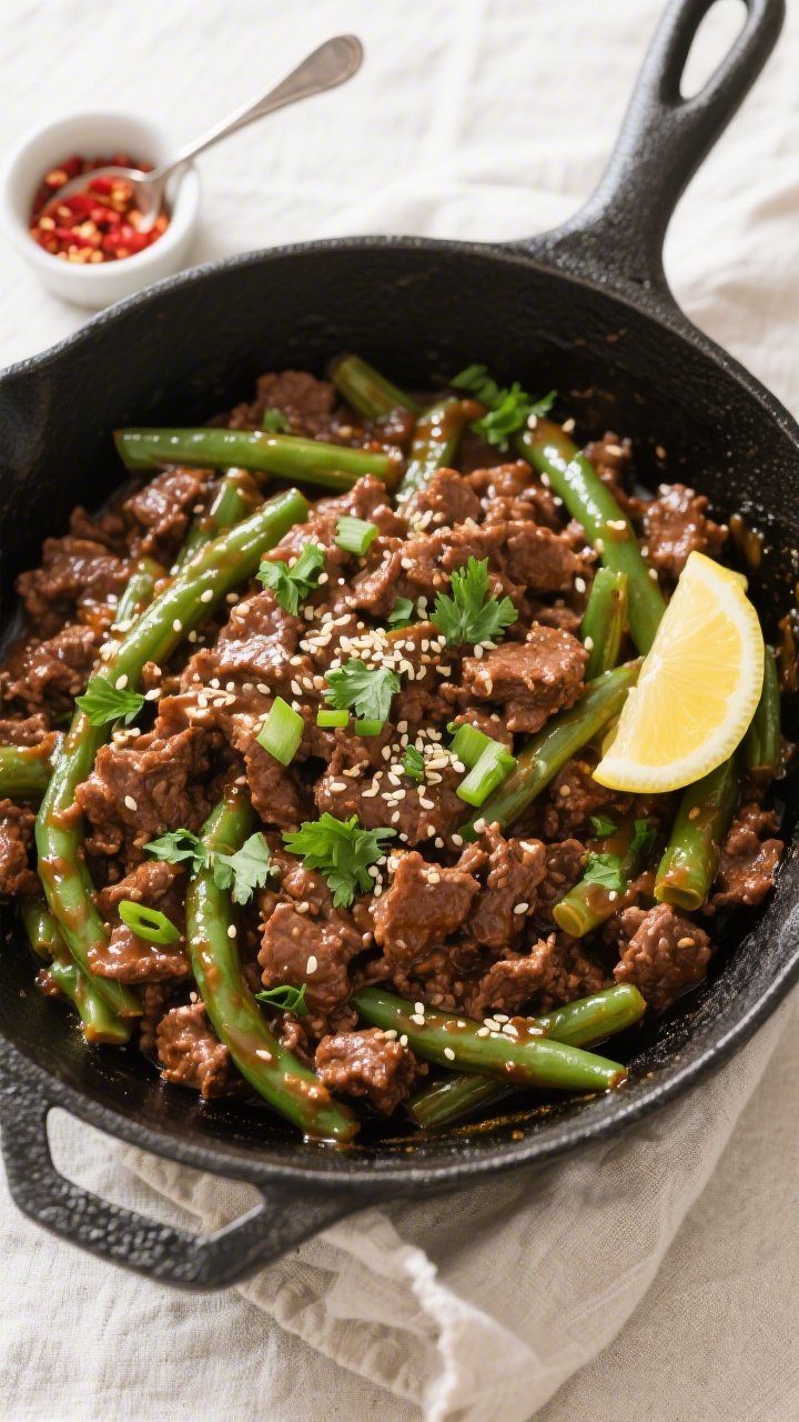 Final dish, tasty top view: Overhead shot of Keto Ground Beef and Green Bean Skillet Dinner served f