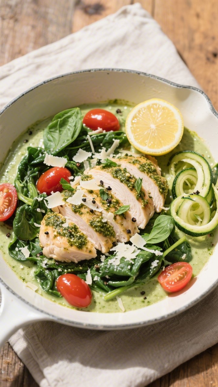 Final dish, tasty top view: Overhead shot of Keto Chicken and Creamy Pesto Skillet plated family-sty