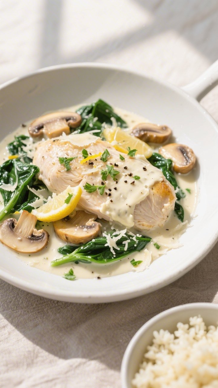 Final dish, tasty top view: Overhead shot of Keto Chicken and Cream Cheese Skillet plated in a shall