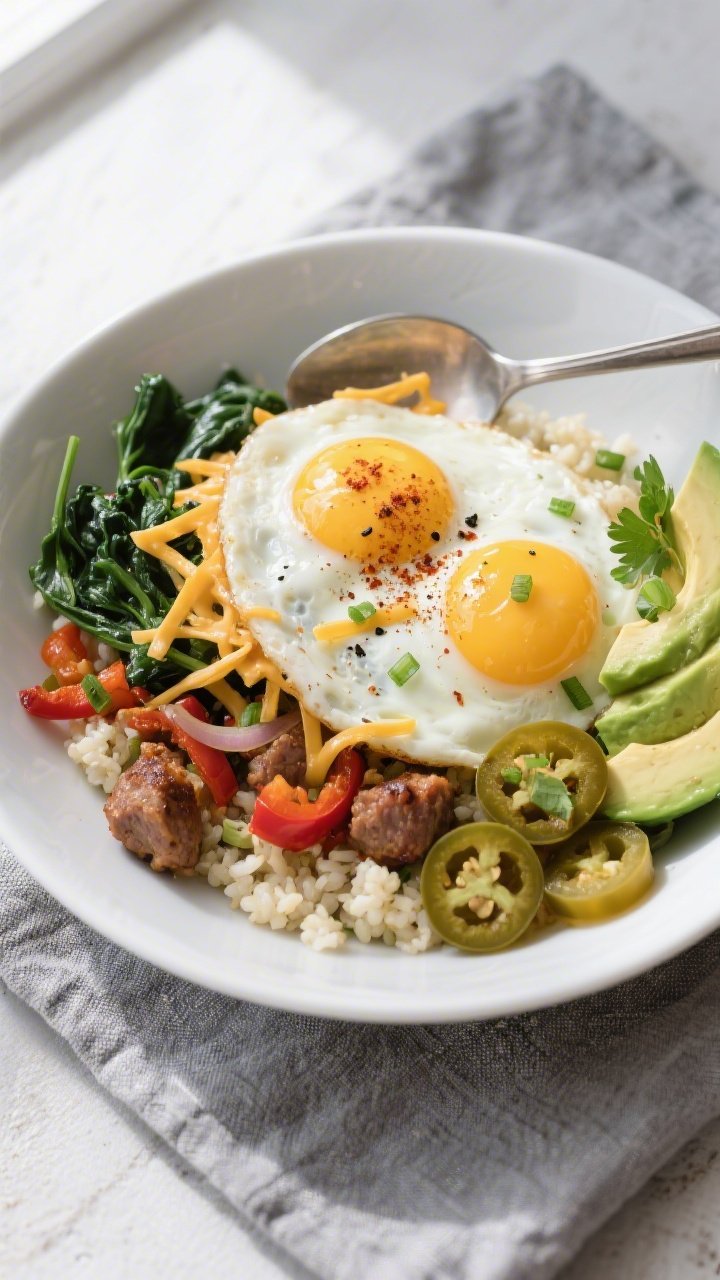 Final dish, tasty top view: Overhead shot of the fully assembled Keto Low Carb Breakfast Bowl in a w