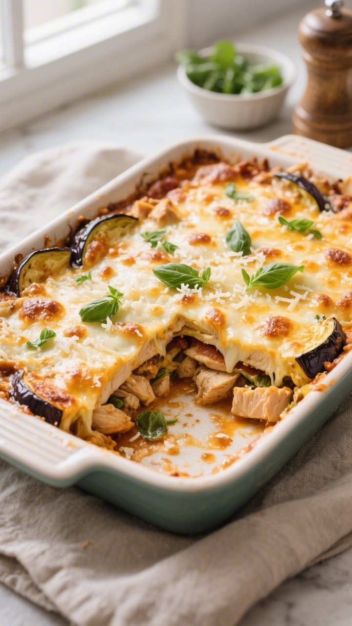 Final dish, tasty top view: Overhead shot of the Keto Chicken and Eggplant Bake in a 9x13 ceramic ba
