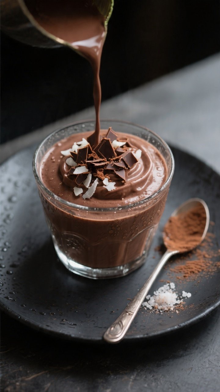 Final dish/top-down presentation: Overhead shot of a poured chocolate avocado keto smoothie in a chi