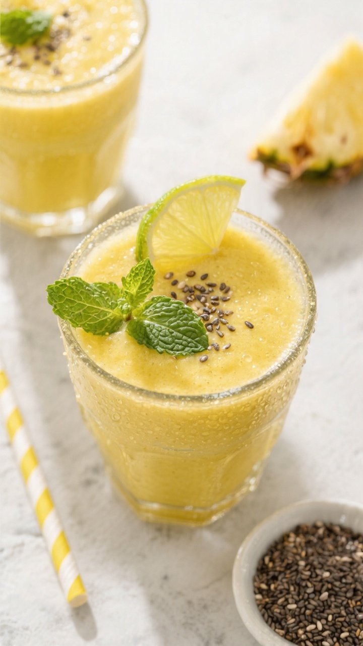 Final dish top view: Overhead shot of a vibrant pineapple ginger detox smoothie poured into a frosty