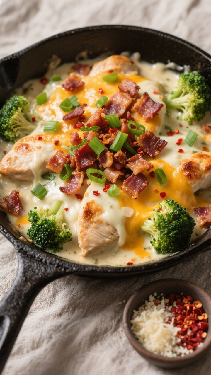 Final dish, top view: Overhead shot of Keto Chicken Bacon Ranch Skillet just before serving—cheese