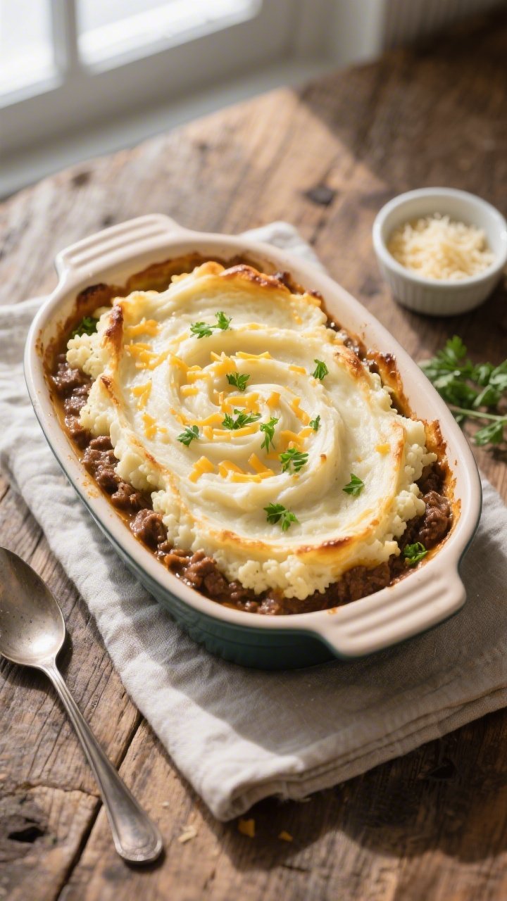 Final dish, top view: Overhead shot of keto shepherd’s pie in a 2‑quart ceramic baking dish—sm