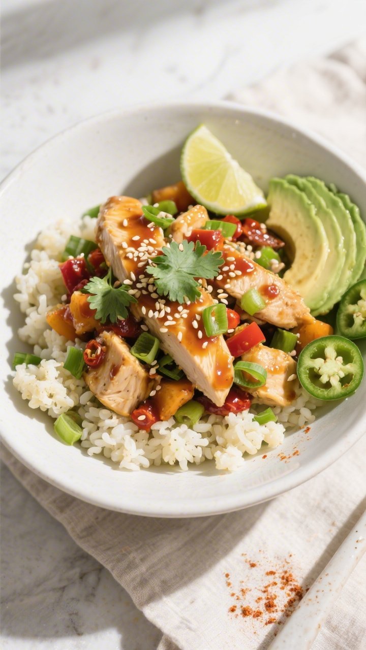 Final plated bowl, overhead: Top-down shot of a Keto Chicken and Cauliflower Rice Bowl arranged in a