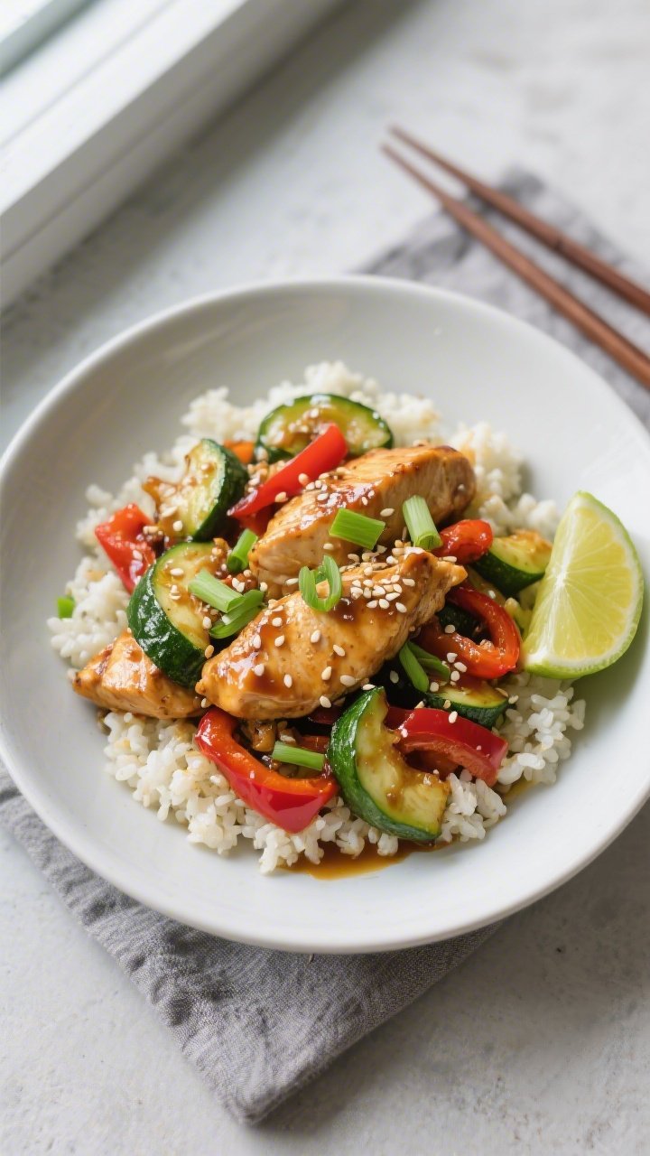 Final plated overhead: Beautifully plated keto chicken and zucchini stir fry served over fluffy caul