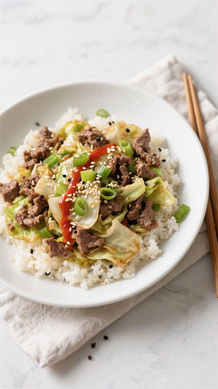 Final plated overhead: Beautifully plated Keto Ground Beef and Cabbage Stir Fry in a wide, shallow w