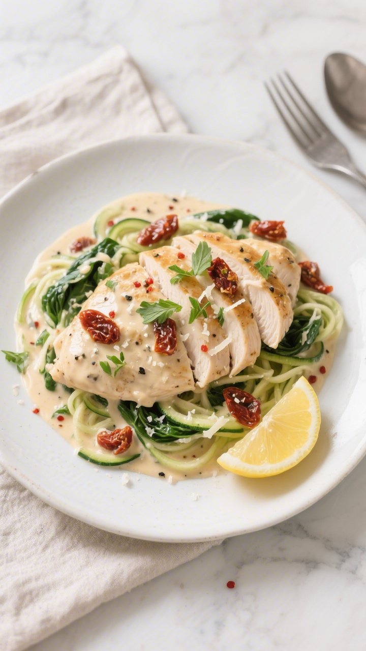 Final plated, overhead beauty: Creamy Keto Tuscan Chicken elegantly plated on a wide white ceramic p