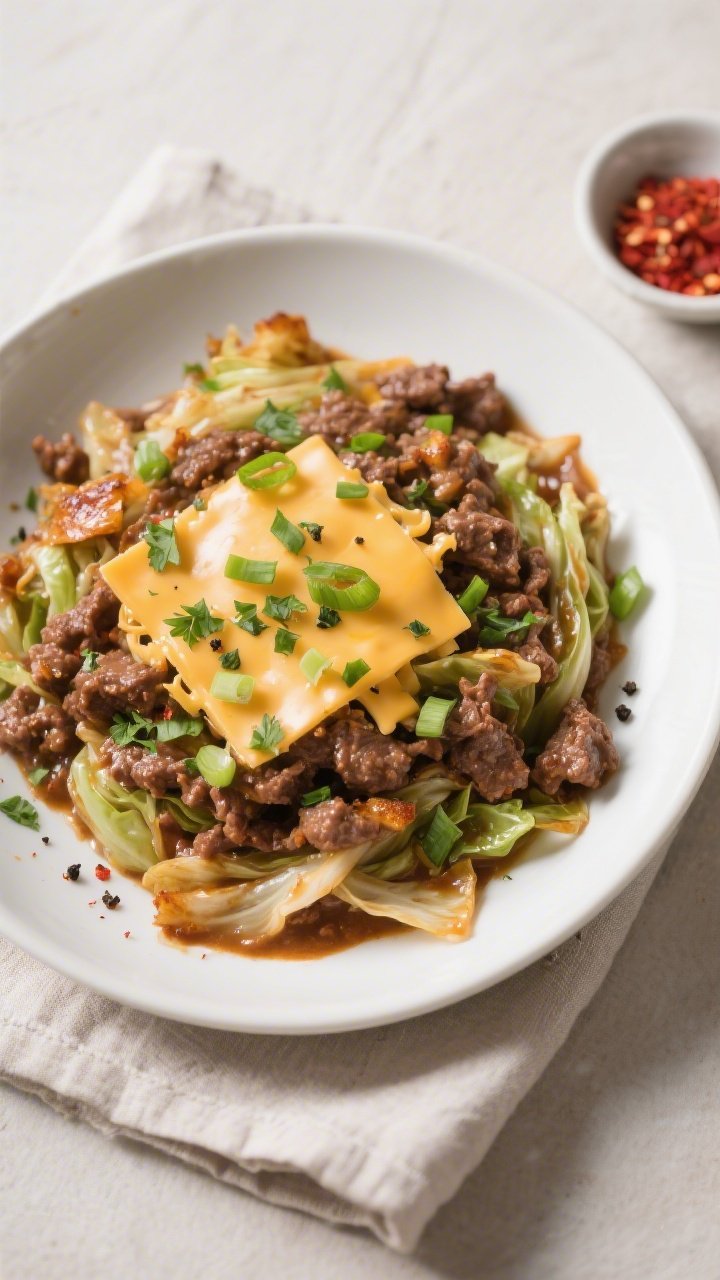 Final plated, overhead beauty: Tasty top-down shot of the finished Lazy Keto Ground Beef Cabbage Ski