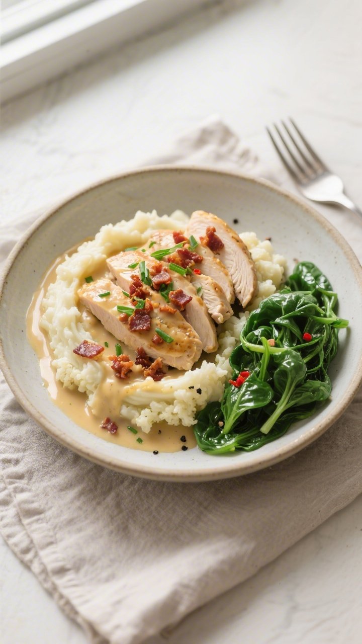 Final plated, overhead bowl: Keto Chicken and Cauliflower Mash Bowl plated in a wide shallow ceramic