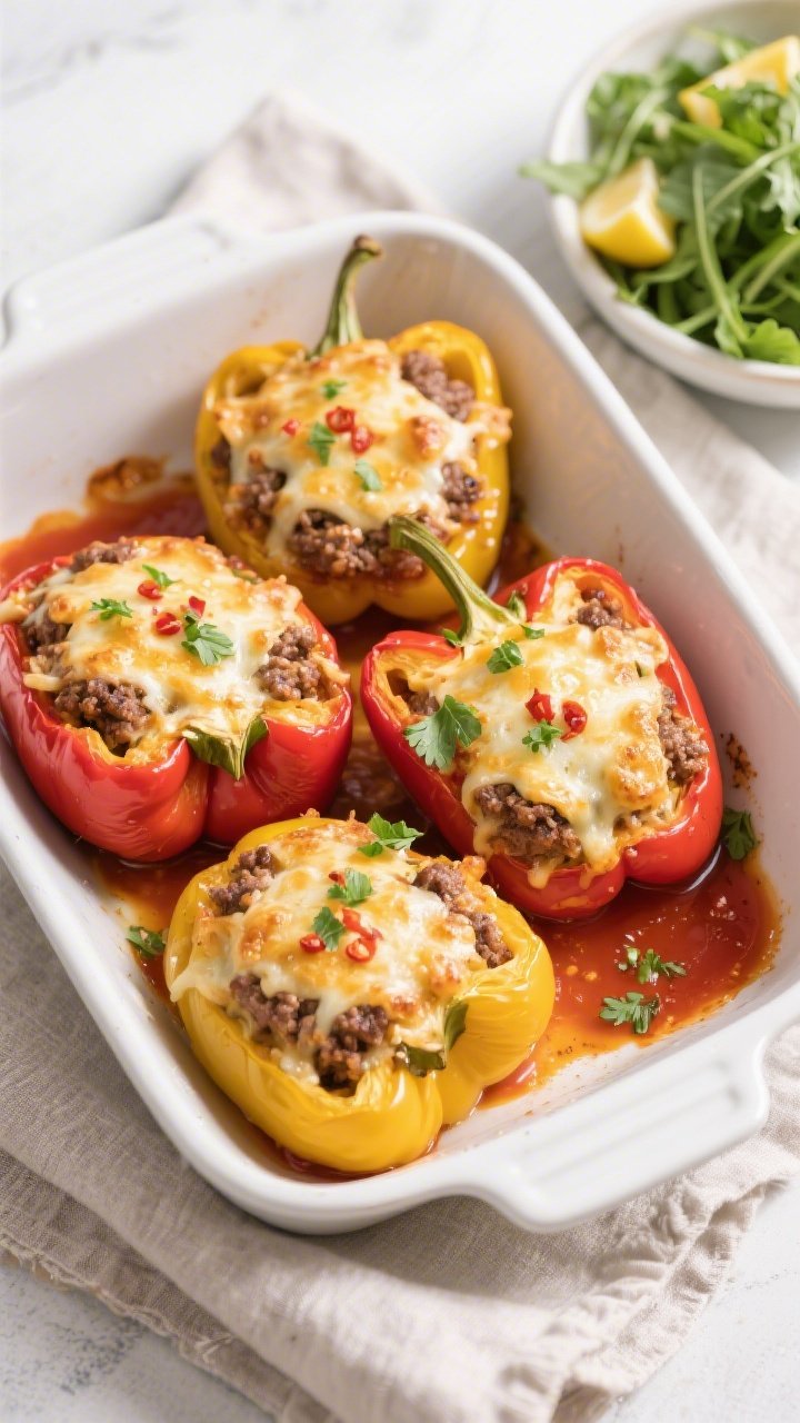 Final plated overhead: Cheesy Keto Ground Beef Stuffed Bell Peppers fresh from the oven, four halved