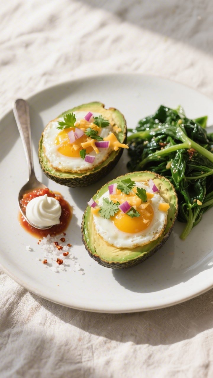 Final plated overhead: Keto breakfast stuffed avocados on a matte white plate, showing two avocado h