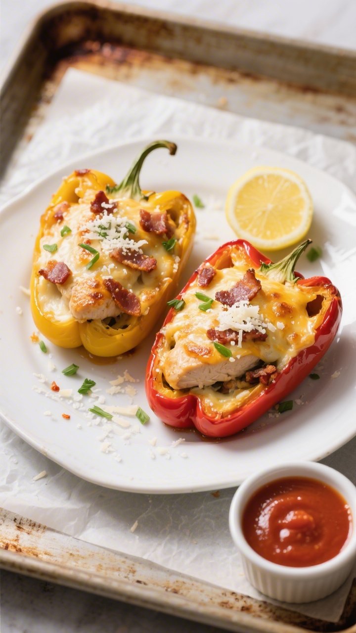Final plated overhead: Keto Chicken and Bacon Stuffed Peppers, just baked—cheese deeply melted wit