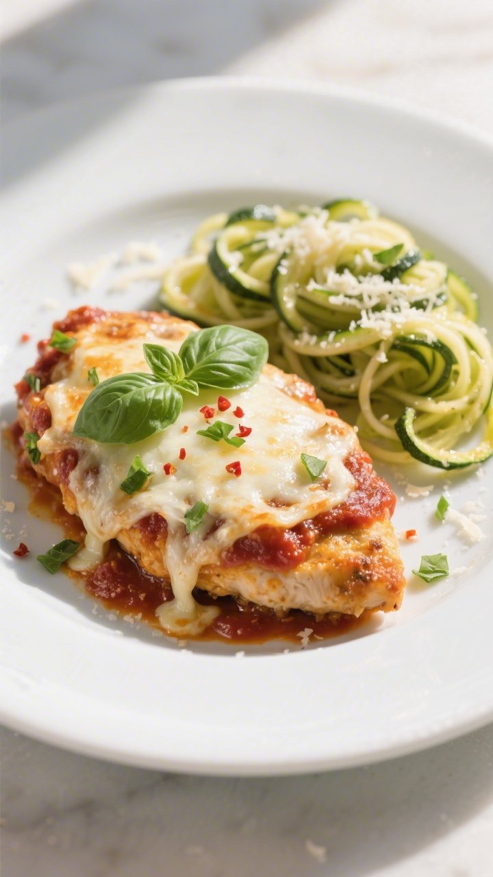 Final plated overhead: Keto Chicken Parmesan Bake finished with melted, bubbly mozzarella lightly br