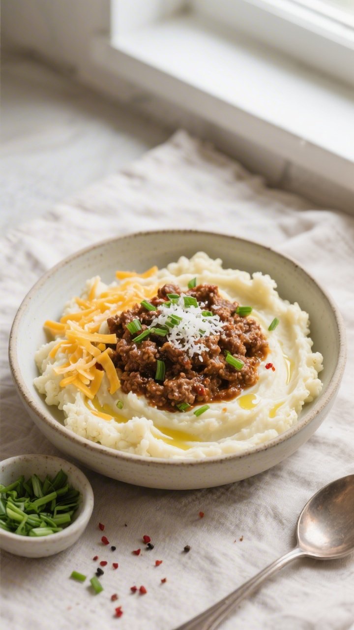 Final plated overhead: Keto Ground Beef and Cauliflower Mash Bowl, overhead shot of a wide, shallow 