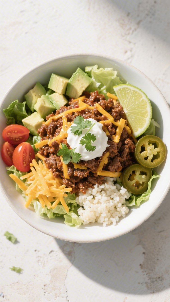 Final plated overhead: Keto Ground Beef Taco Bowl arranged in a matte white shallow bowl—crisp cho