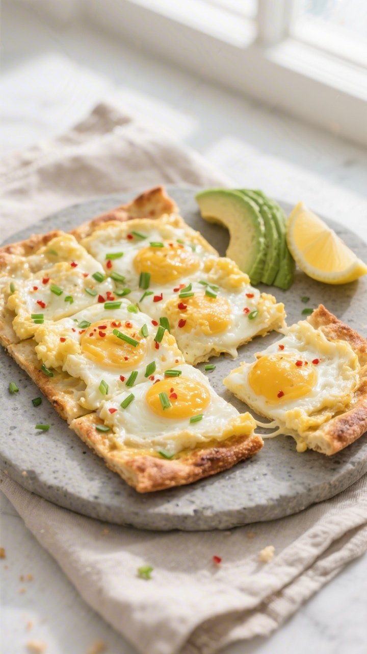 Final plated overhead: Keto low carb breakfast flatbread topped with a generous layer of soft-scramb