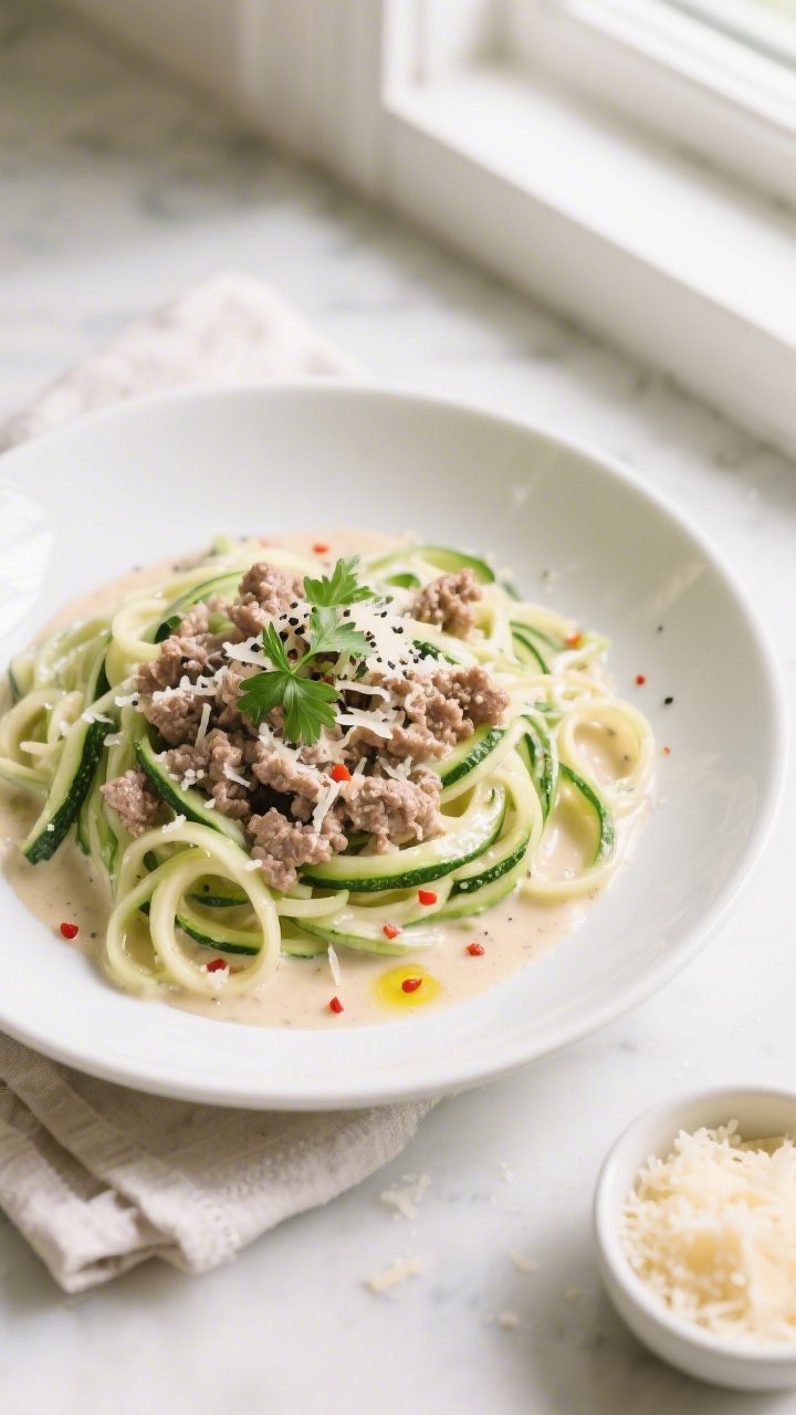 Final plated overhead: Keto zucchini noodles topped with creamy ground beef Alfredo, tender-crisp zo