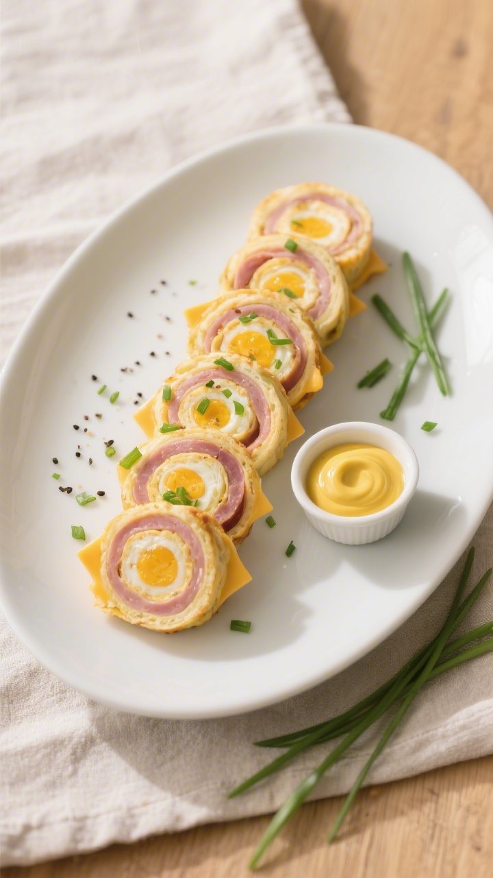 Final plated overhead: Low carb breakfast roll ups with ham and cheese sliced into bite-size rounds,