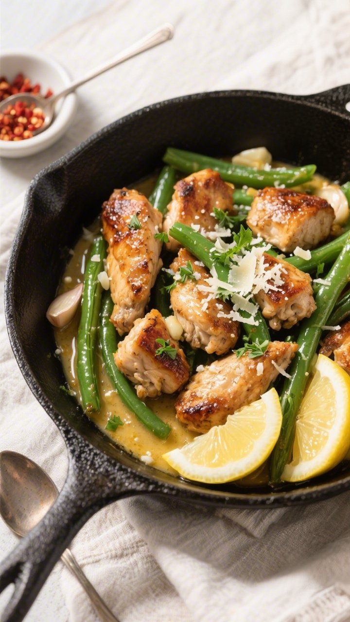 Final plated overhead: Overhead shot of Keto Chicken and Green Beans Skillet served family-style in 