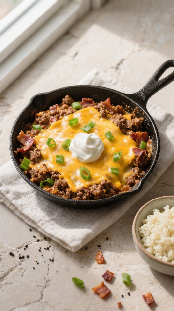 Final plated overhead shot: Keto Ground Beef and Bacon Skillet finished with a molten blanket of che