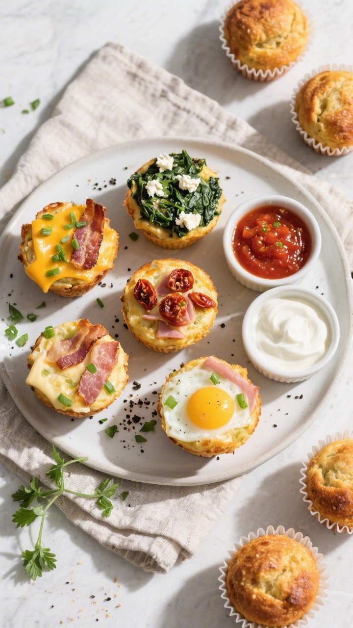 Final plated overhead: Tasty top-view of assorted egg and cheese muffins arranged on a matte white p
